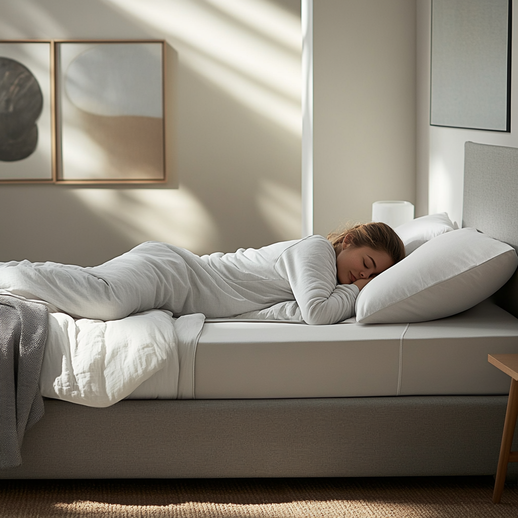 Una persona dorme su un letto in una stanza luminosa.