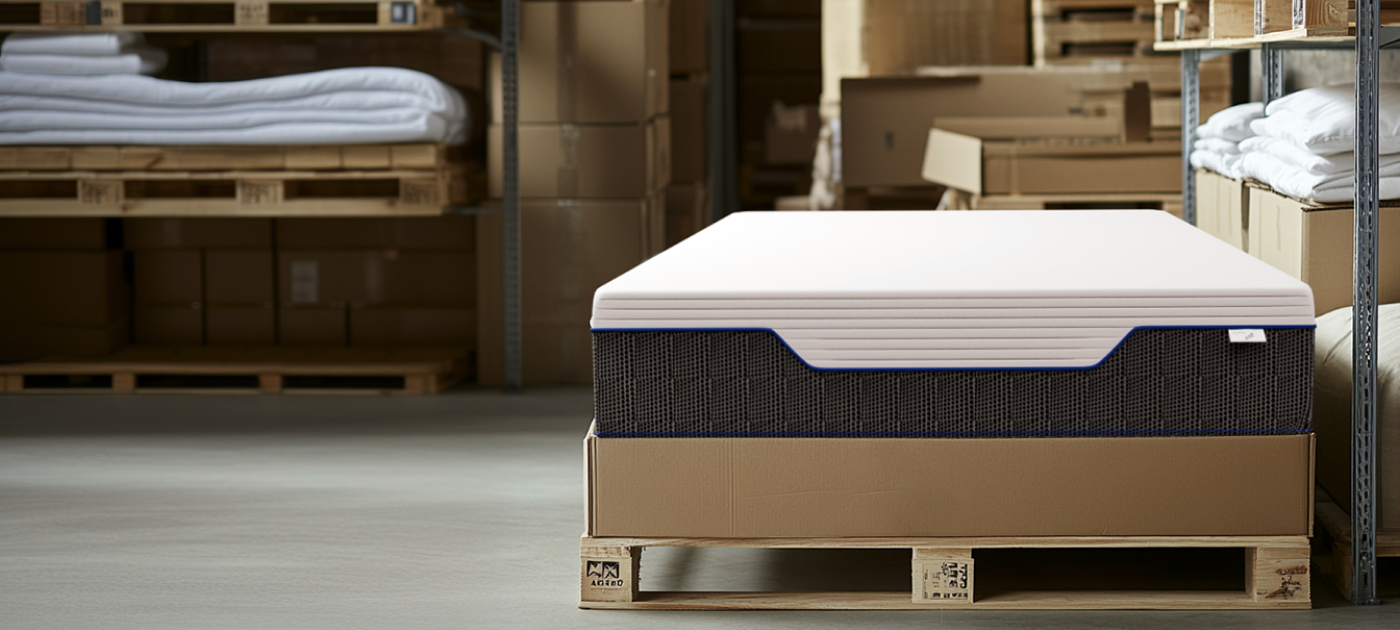 Un materasso su un pallet in un magazzino.