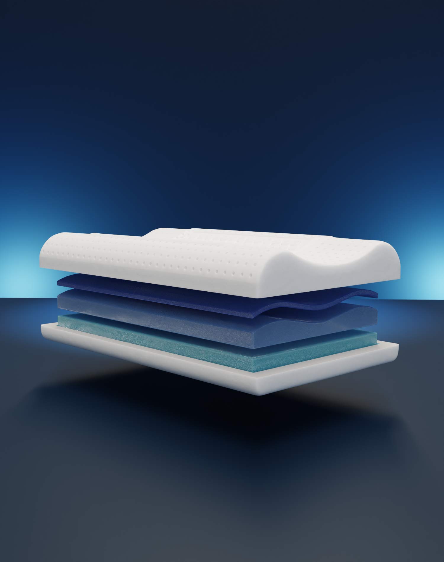 Cuscino a strati blu e bianchi su sfondo sfumato.