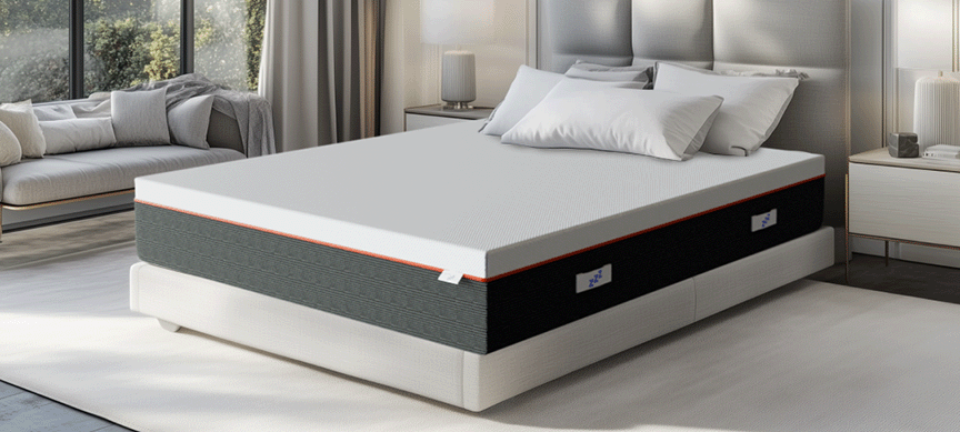 Un letto matrimoniale con materasso bianco e cuscini.