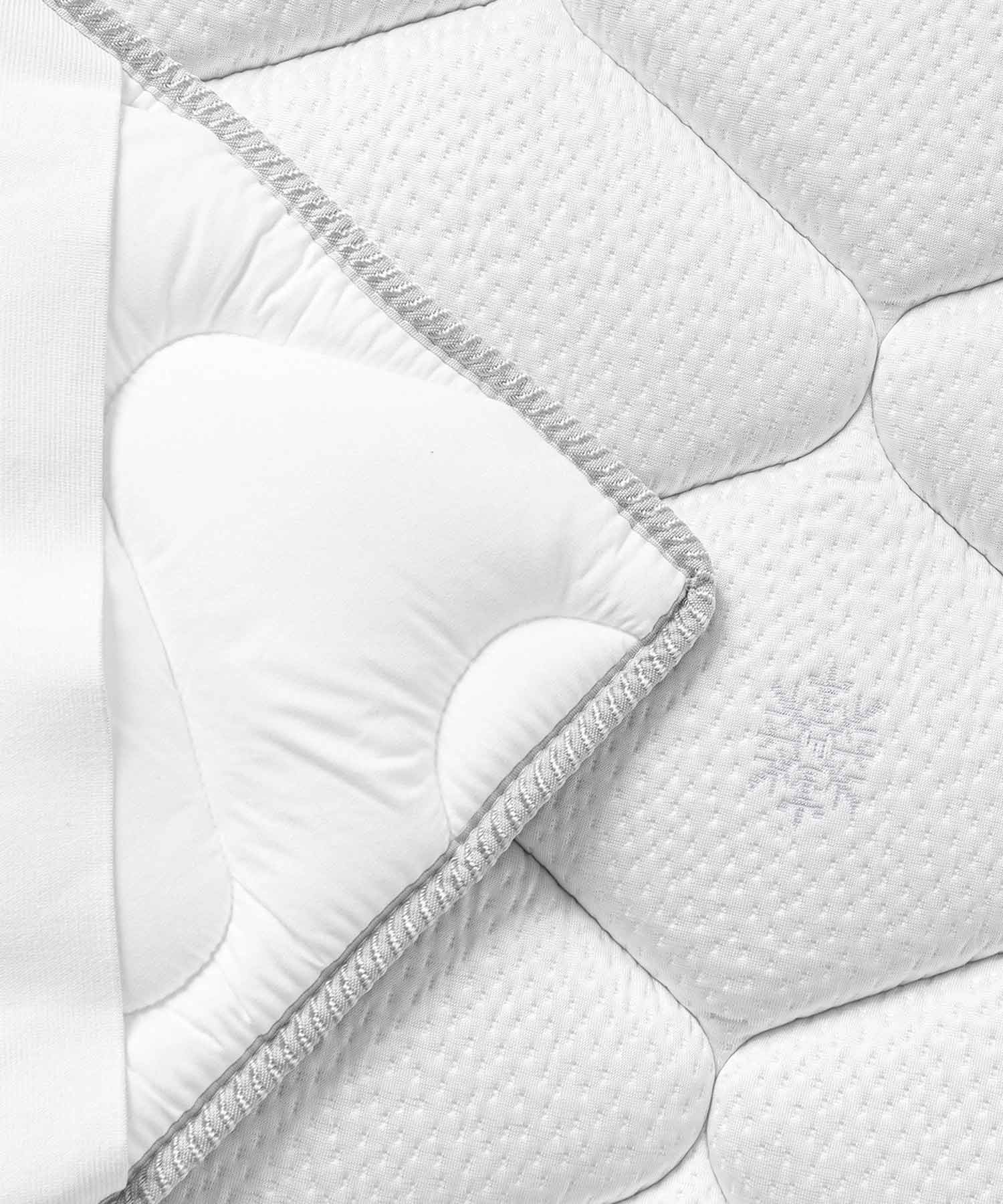 Un materasso bianco con motivo trapuntato e bordo grigio.