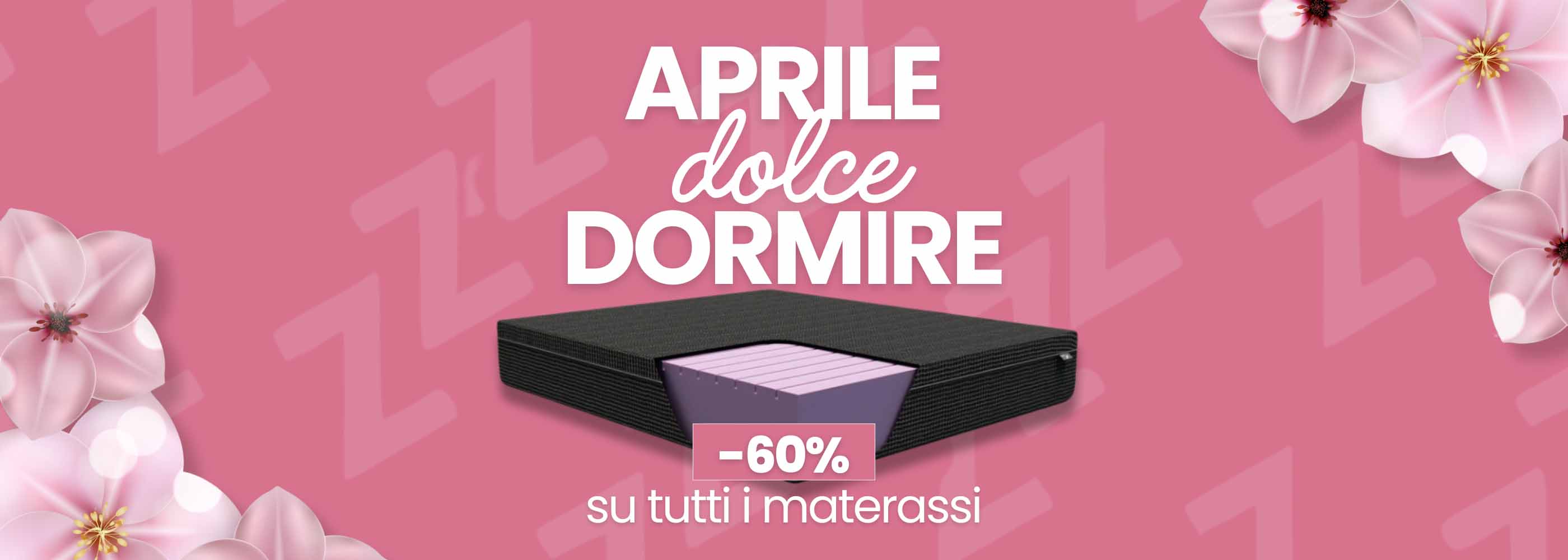 Materasso nero su sfondo rosa con fiori e testo promozionale.