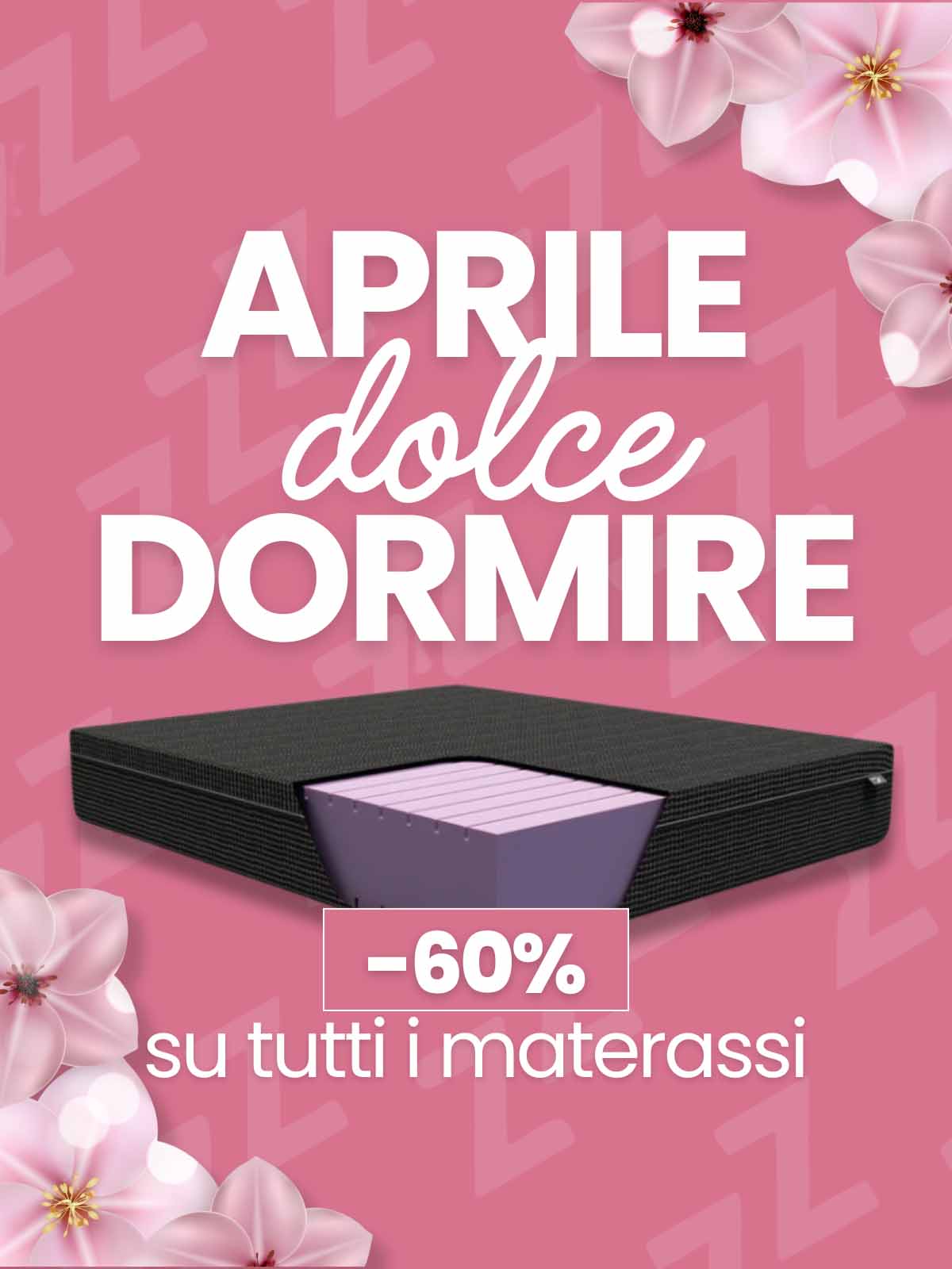 Promozione materassi con fiori rosa e testo pubblicitario.