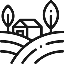 Casa con alberi su colline stilizzate.