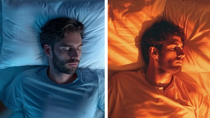 Due uomini dormono su cuscini in diverse illuminazioni.