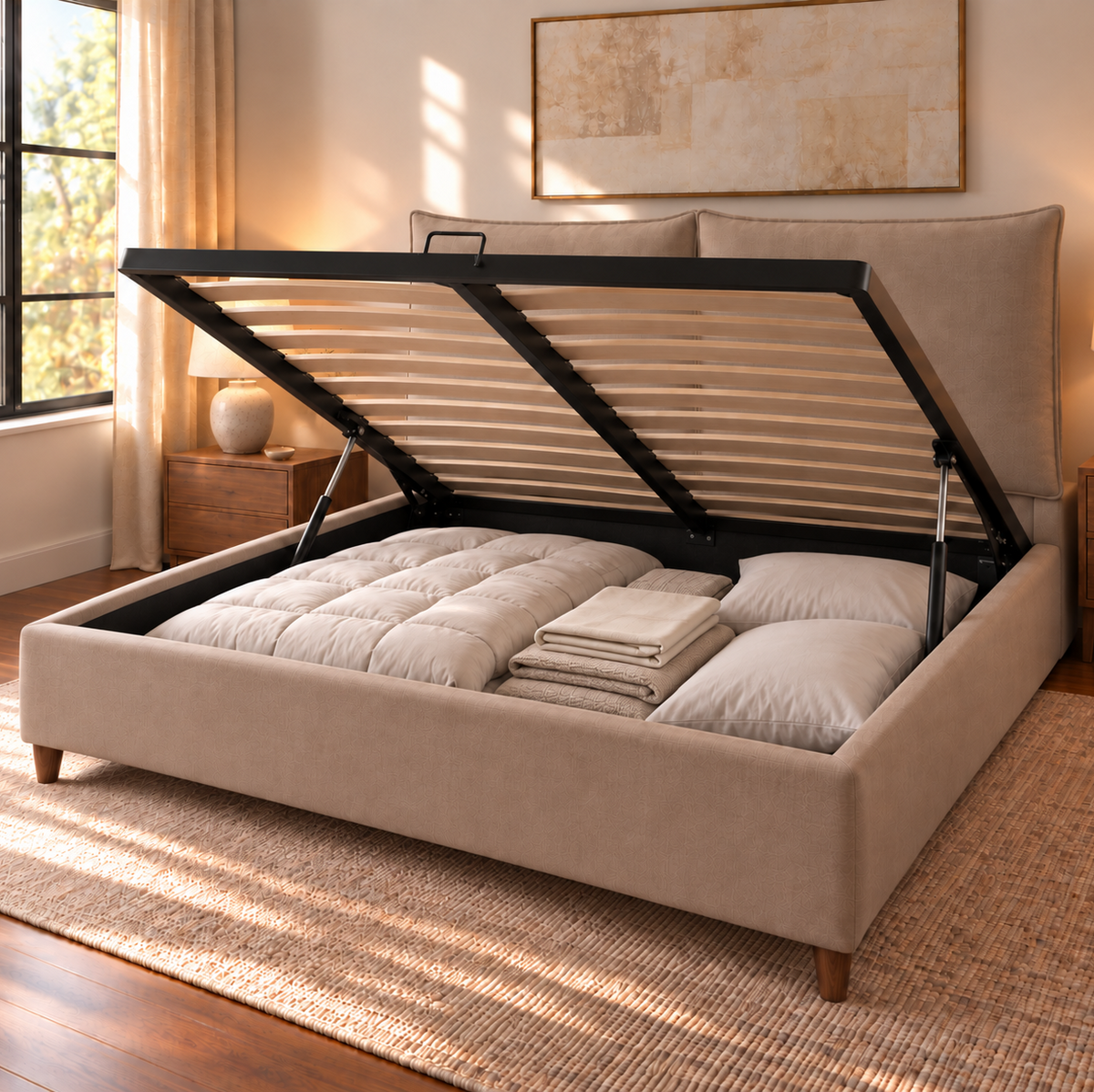 Letto contenitore Mytikas Beige aperto: rete a doghe sollevata dai pistoni e vano contenitore pieno