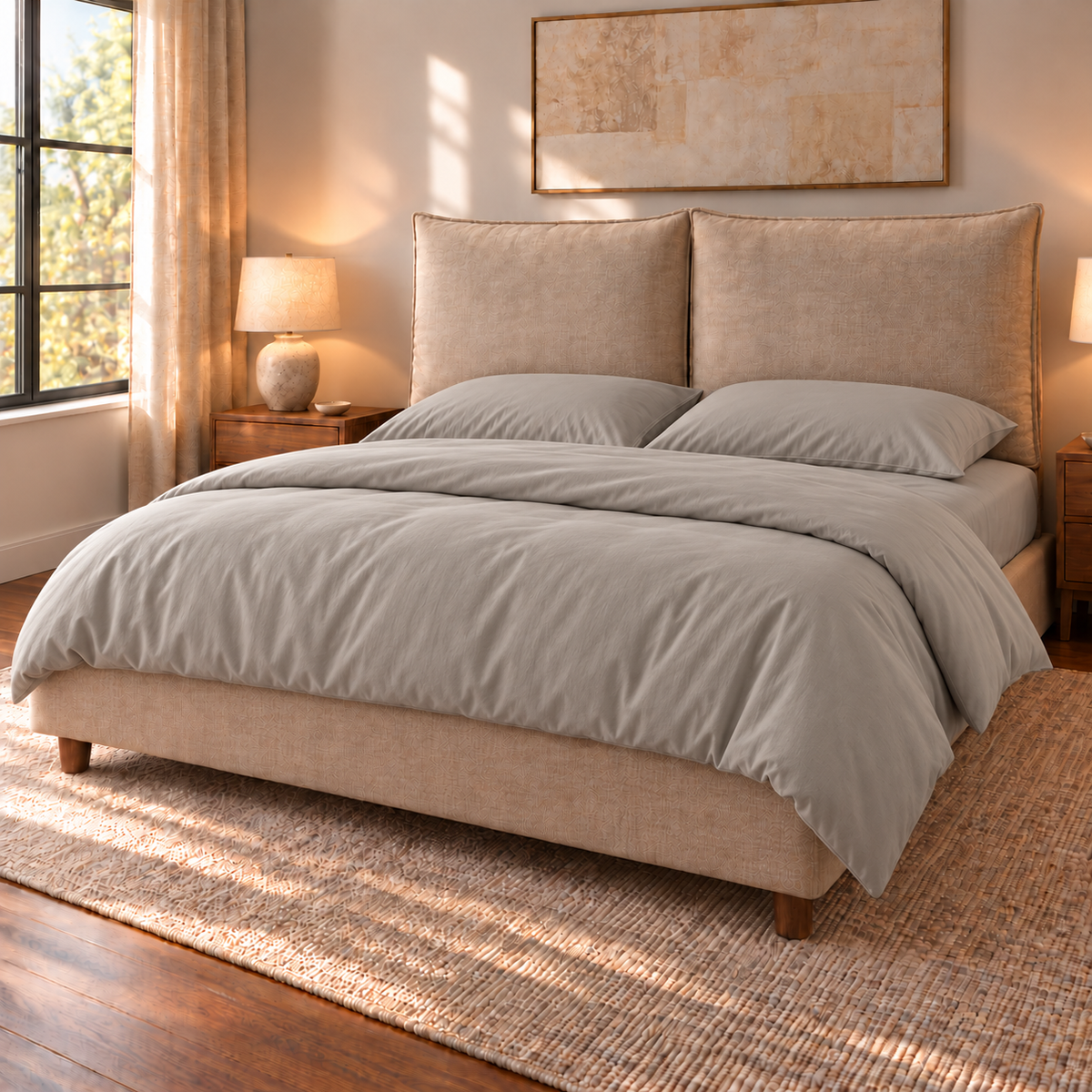Letto contenitore Mytikas in tessuto Queens Beige con testata a due cuscini, vista di tre quarti con completo copripiumino Panna #Colore_Beige