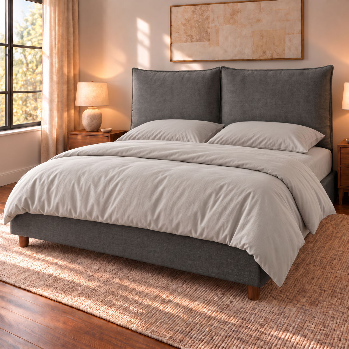 Letto contenitore Mytikas in tessuto Queens Dark Grey con testata a due cuscini, vista di tre quarti con completo copripiumino Perla
