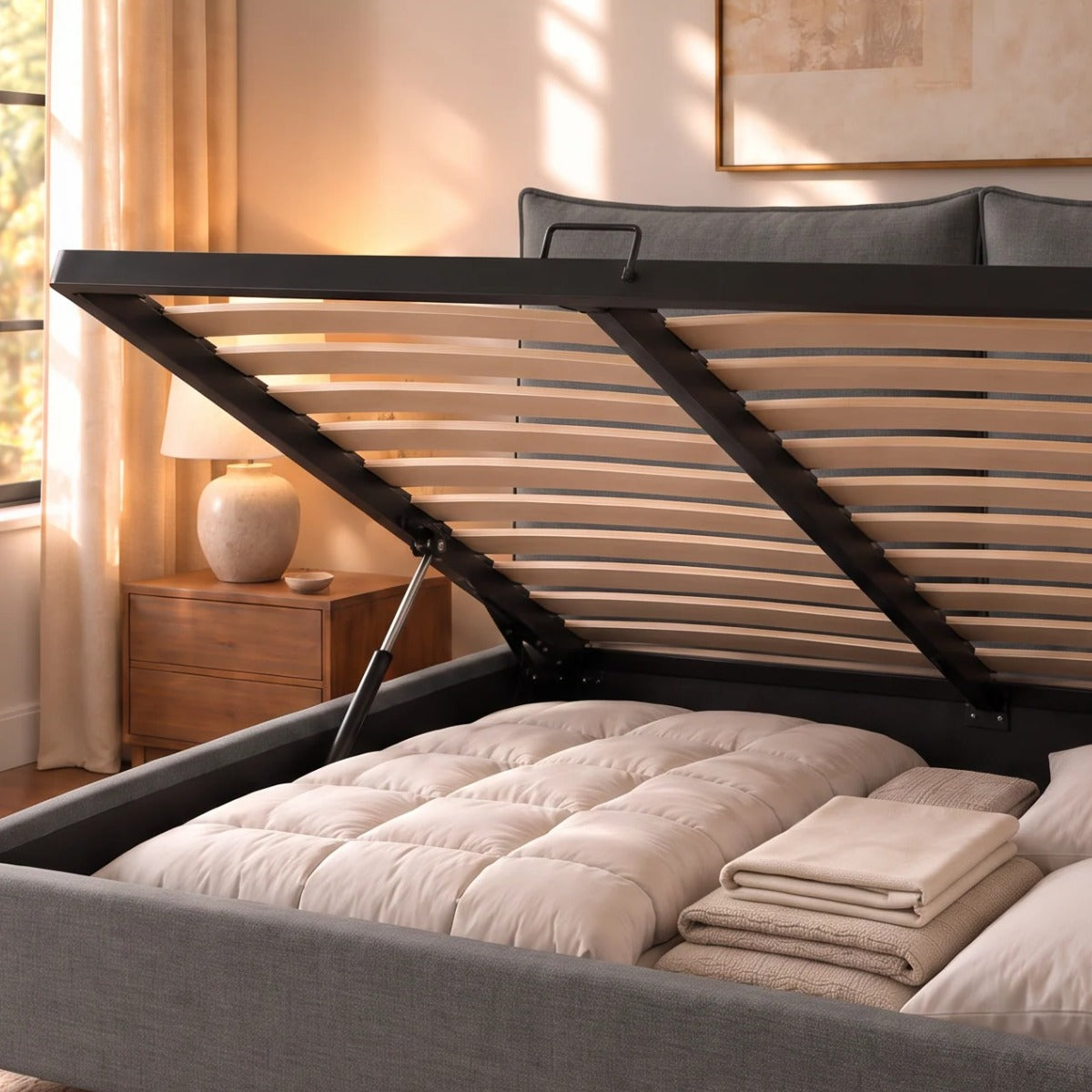 Rete a doghe in legno sollevata dai pistoni a gas sul letto contenitore Mytikas in tessuto Queens Dark Grey