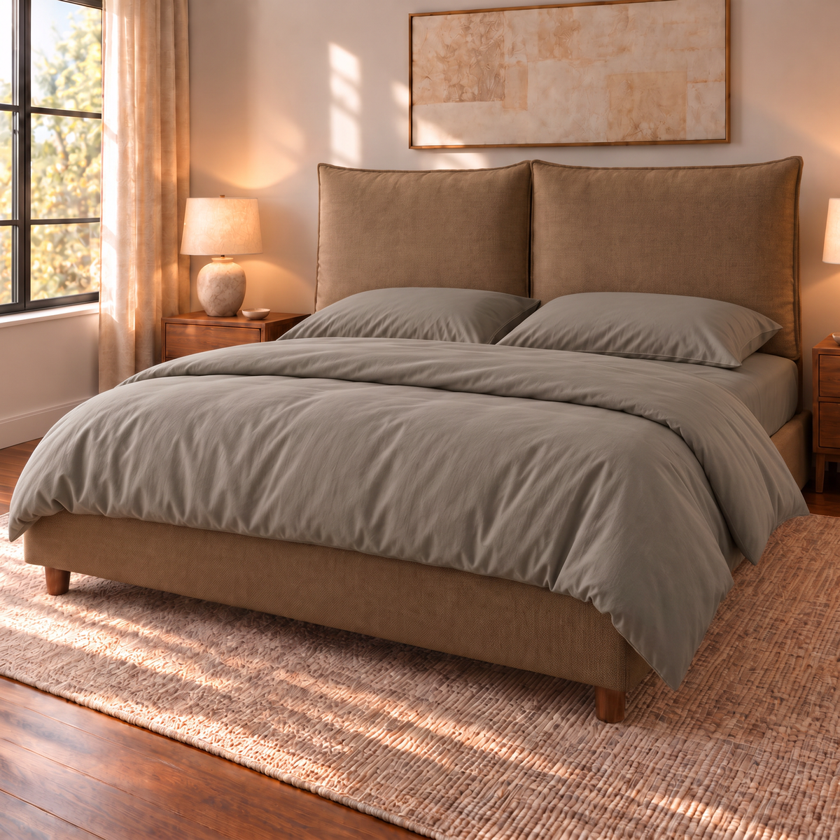 Letto contenitore Mytikas in tessuto Queens Tabac con testata a due cuscini, vista di tre quarti con completo copripiumino Corda