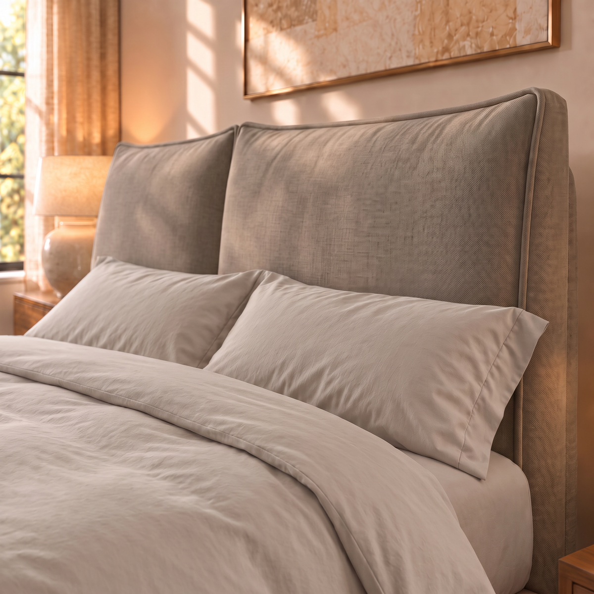 Dettaglio della testata imbottita a due cuscini del letto Mytikas in tessuto Queens Taupe