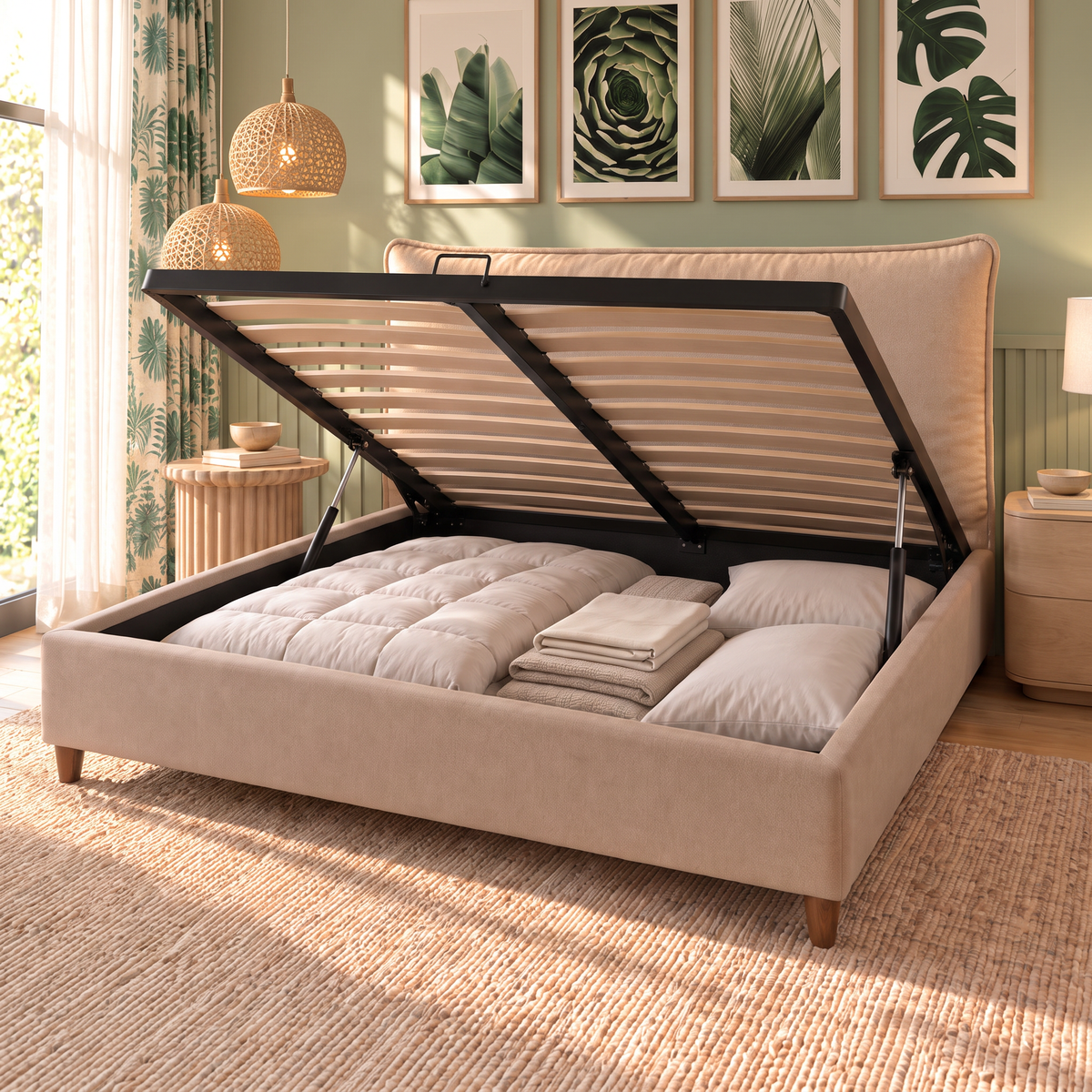 Letto contenitore Nefele Beige aperto: rete a doghe sollevata dai pistoni e vano contenitore pieno
