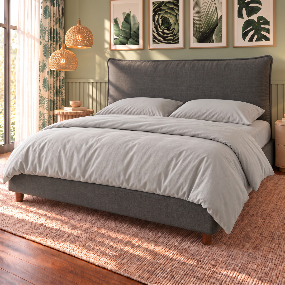 Letto contenitore Nefele in tessuto Queens Dark Grey con testata a cuscino unico, vista di tre quarti con completo copripiumino Perla