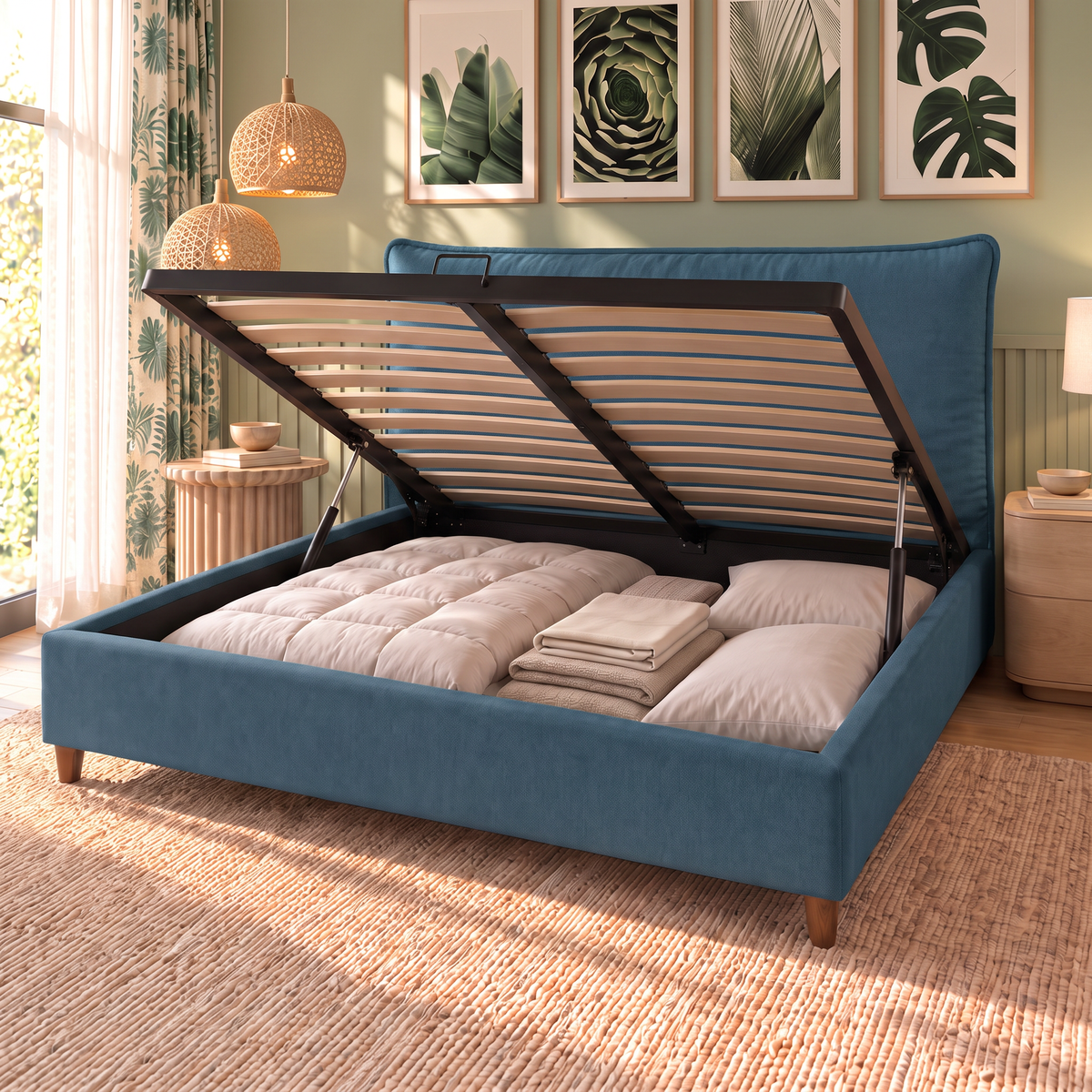 Letto contenitore Nefele Ocean aperto: rete a doghe sollevata dai pistoni e vano contenitore pieno