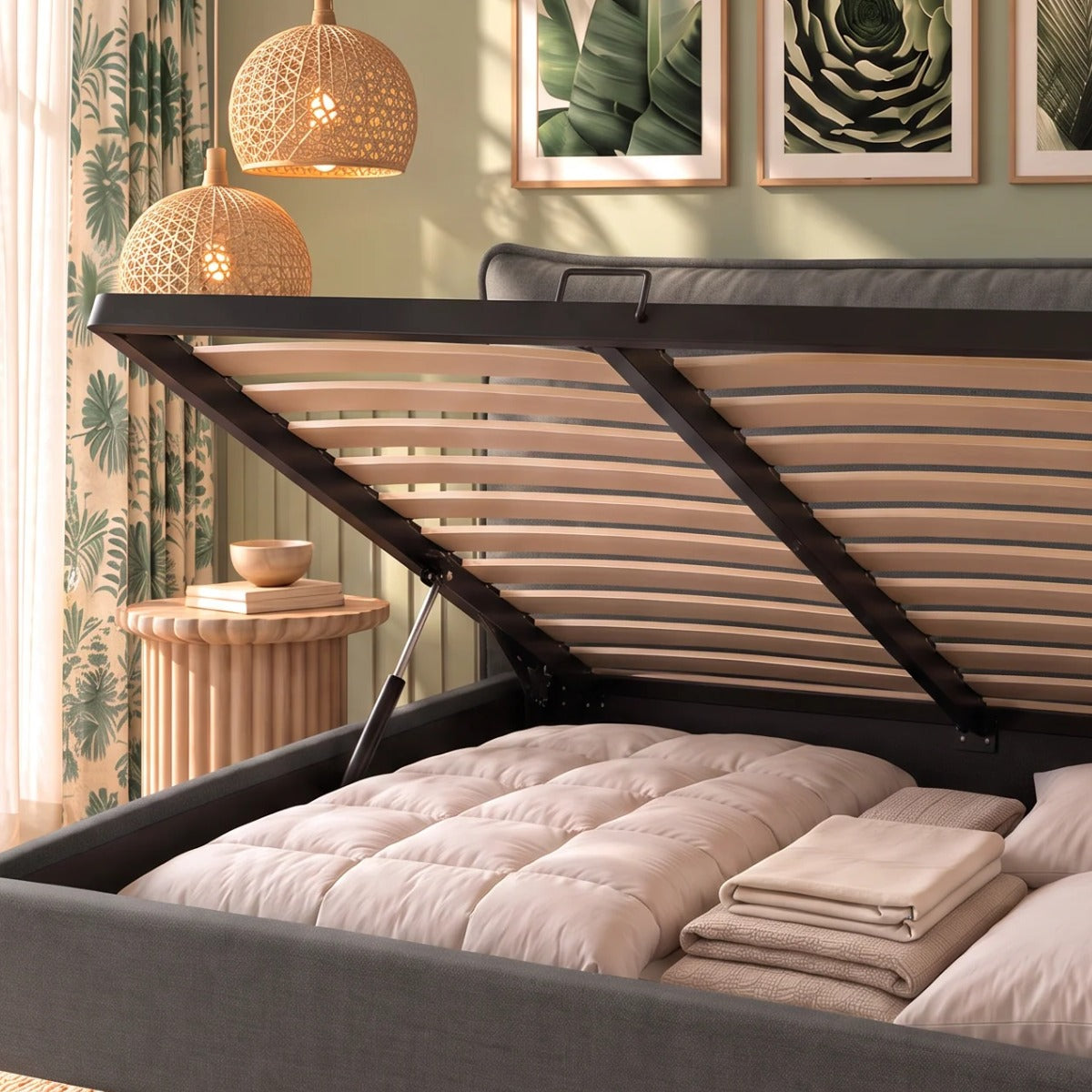 Rete a doghe in legno sollevata dai pistoni a gas sul letto contenitore Nefele in tessuto Queens Dark Grey