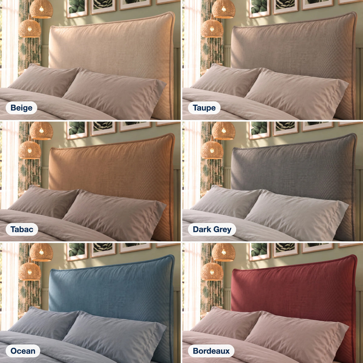 I sei colori del tessuto Queens sulla testata a cuscino unico del letto Nefele: Beige, Taupe, Tabac, Dark Grey, Ocean e Bordeaux
