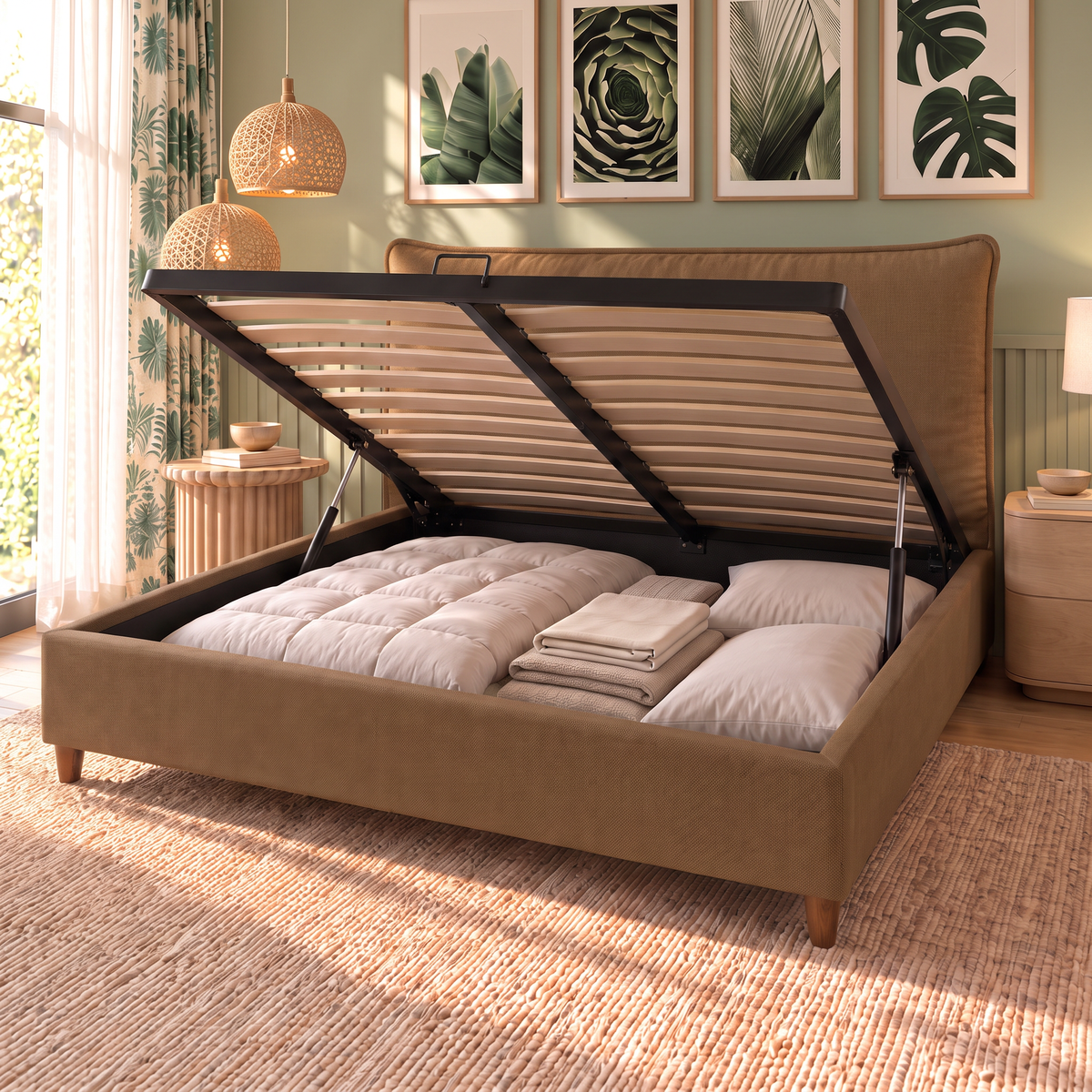 Letto contenitore Nefele Tabac aperto: rete a doghe sollevata dai pistoni e vano contenitore pieno