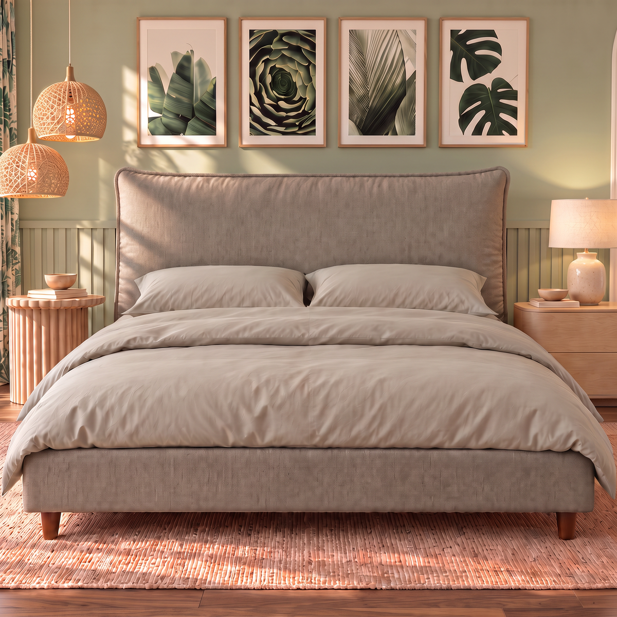 Letto contenitore Nefele in tessuto Queens Taupe visto di fronte: testata a cuscino unico, base imbottita e piedini in legno noce