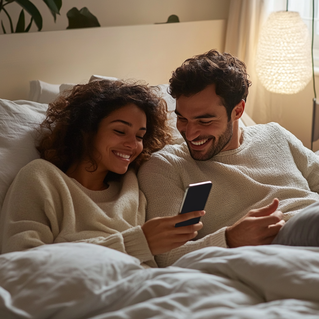 Coppia sorridente a letto guarda uno smartphone insieme.