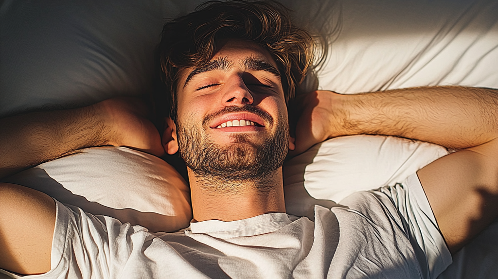 Uomo sorridente disteso su un letto con le mani dietro la testa.