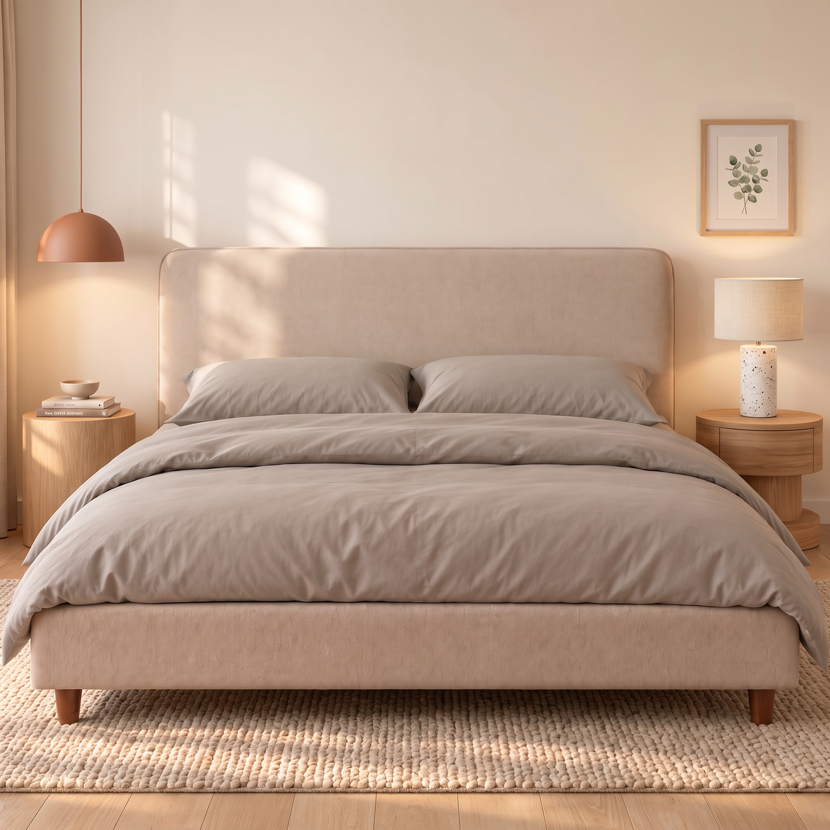Letto contenitore Dion in tessuto Queens Beige visto di fronte: testata lineare, base imbottita e piedini in legno noce #Colore_Beige