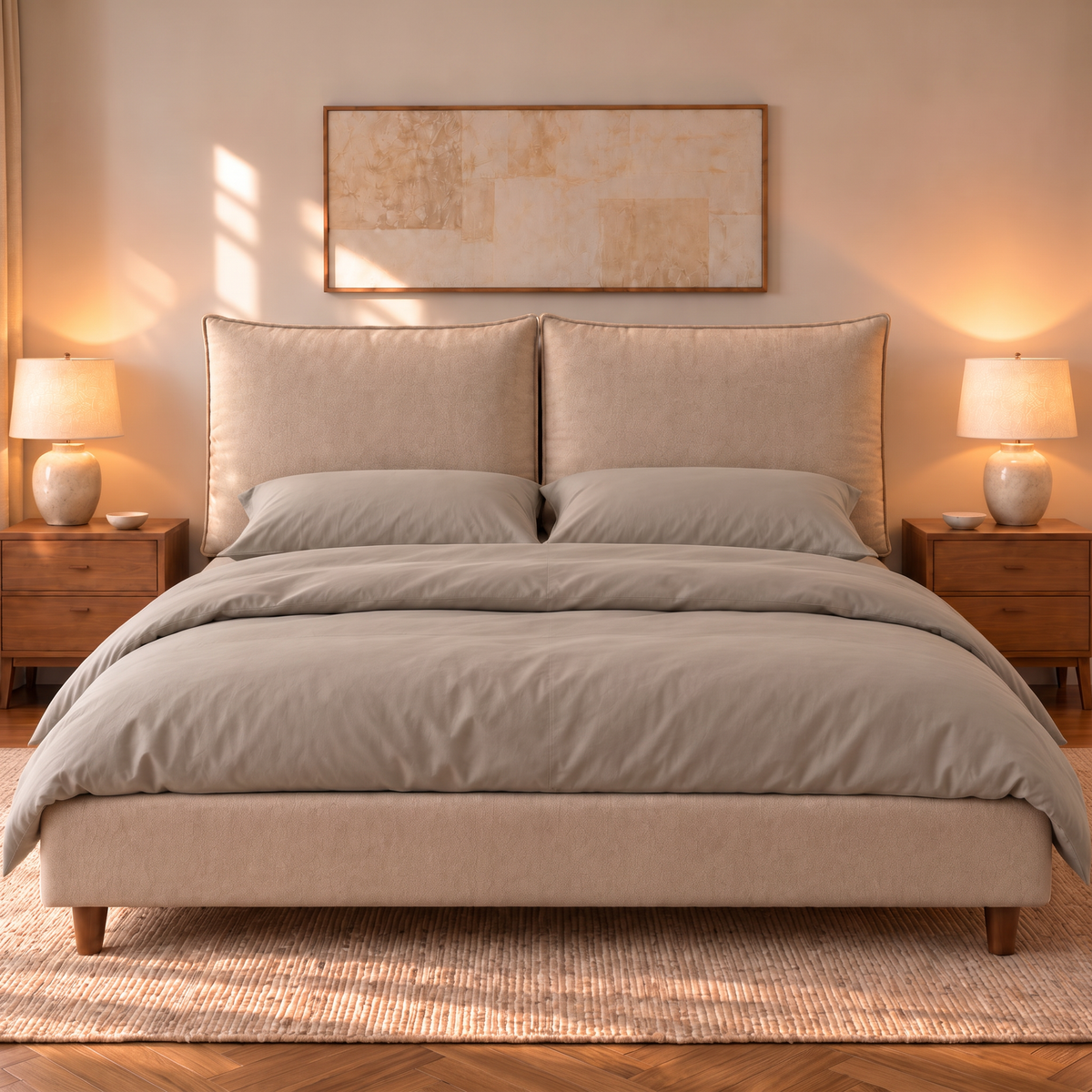 Letto contenitore Mytikas in tessuto Queens Beige visto di fronte: testata a due cuscini, base imbottita e piedini in legno noce #Colore_Beige