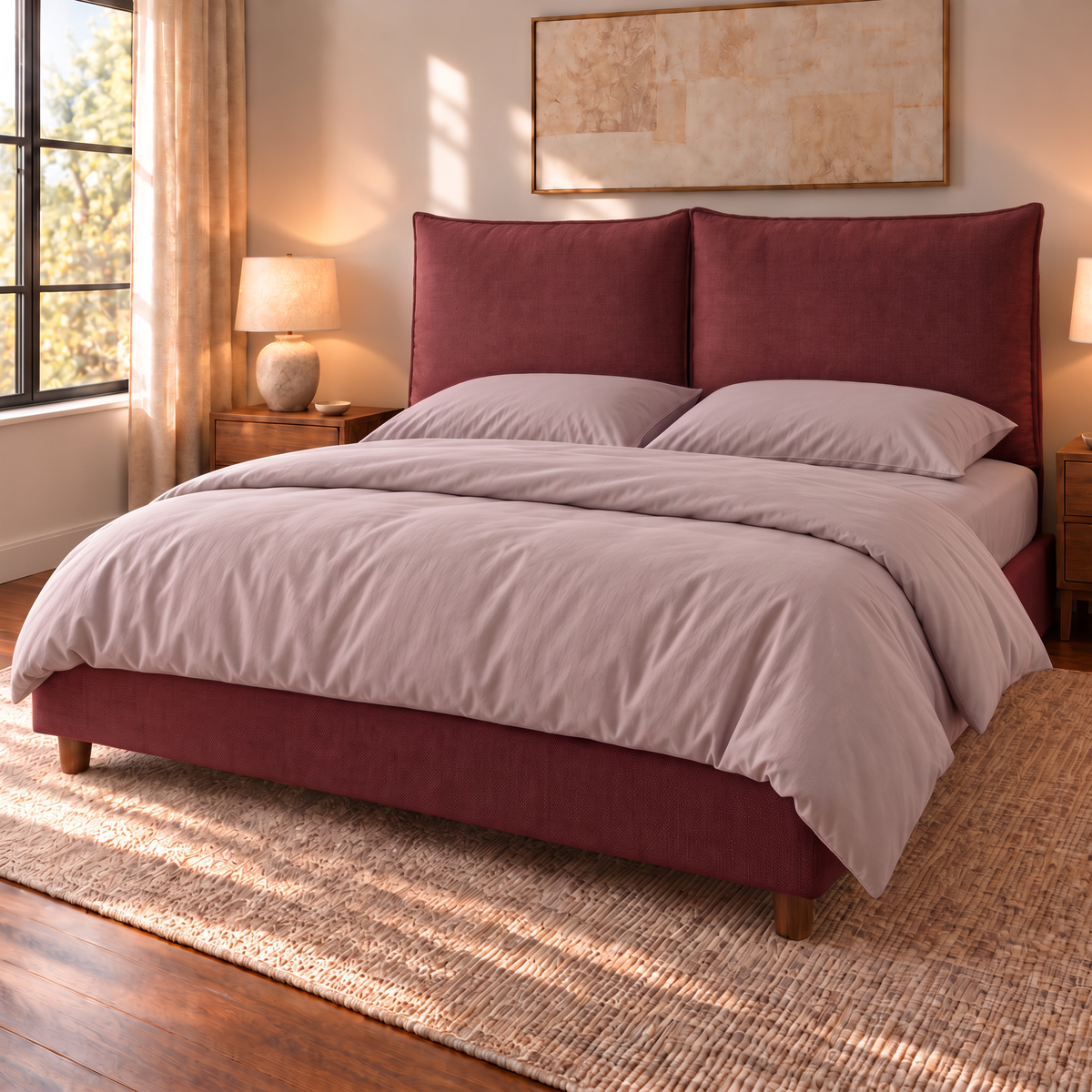 Letto contenitore Mytikas in tessuto Queens Bordeaux con testata a due cuscini, vista di tre quarti con completo copripiumino Cipria