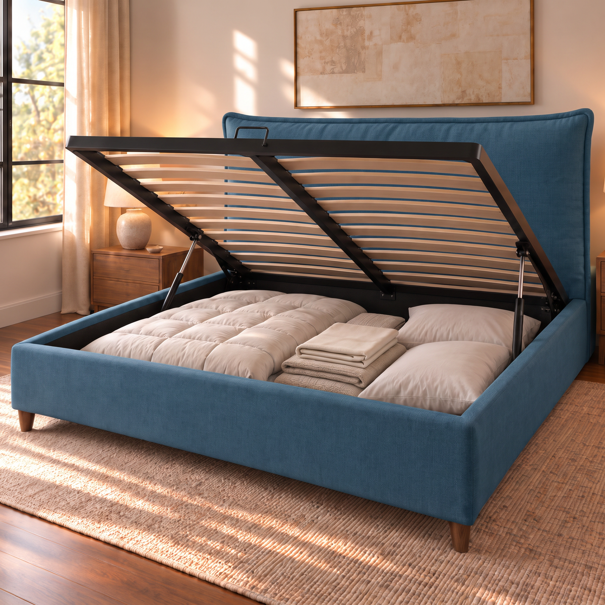 Letto contenitore Mytikas Ocean aperto: rete a doghe sollevata dai pistoni e vano contenitore pieno
