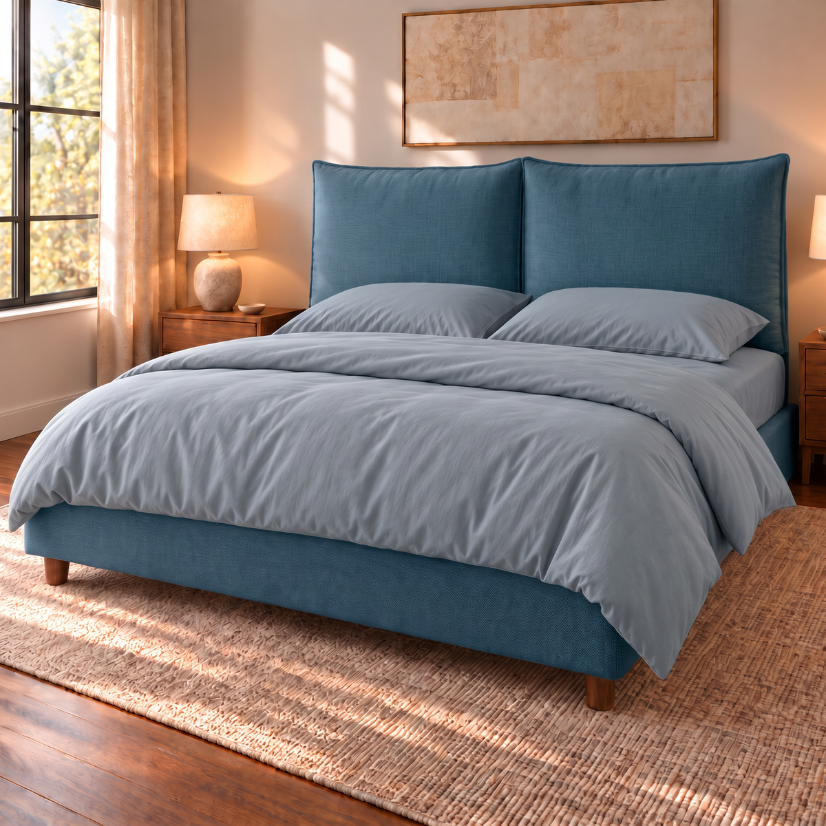 Letto contenitore Mytikas in tessuto Queens Ocean con testata a due cuscini, vista di tre quarti con completo copripiumino Azzurro