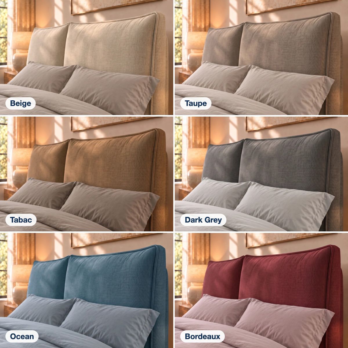 I sei colori del tessuto Queens sulla testata a due cuscini del letto Mytikas: Beige, Taupe, Tabac, Dark Grey, Ocean e Bordeaux