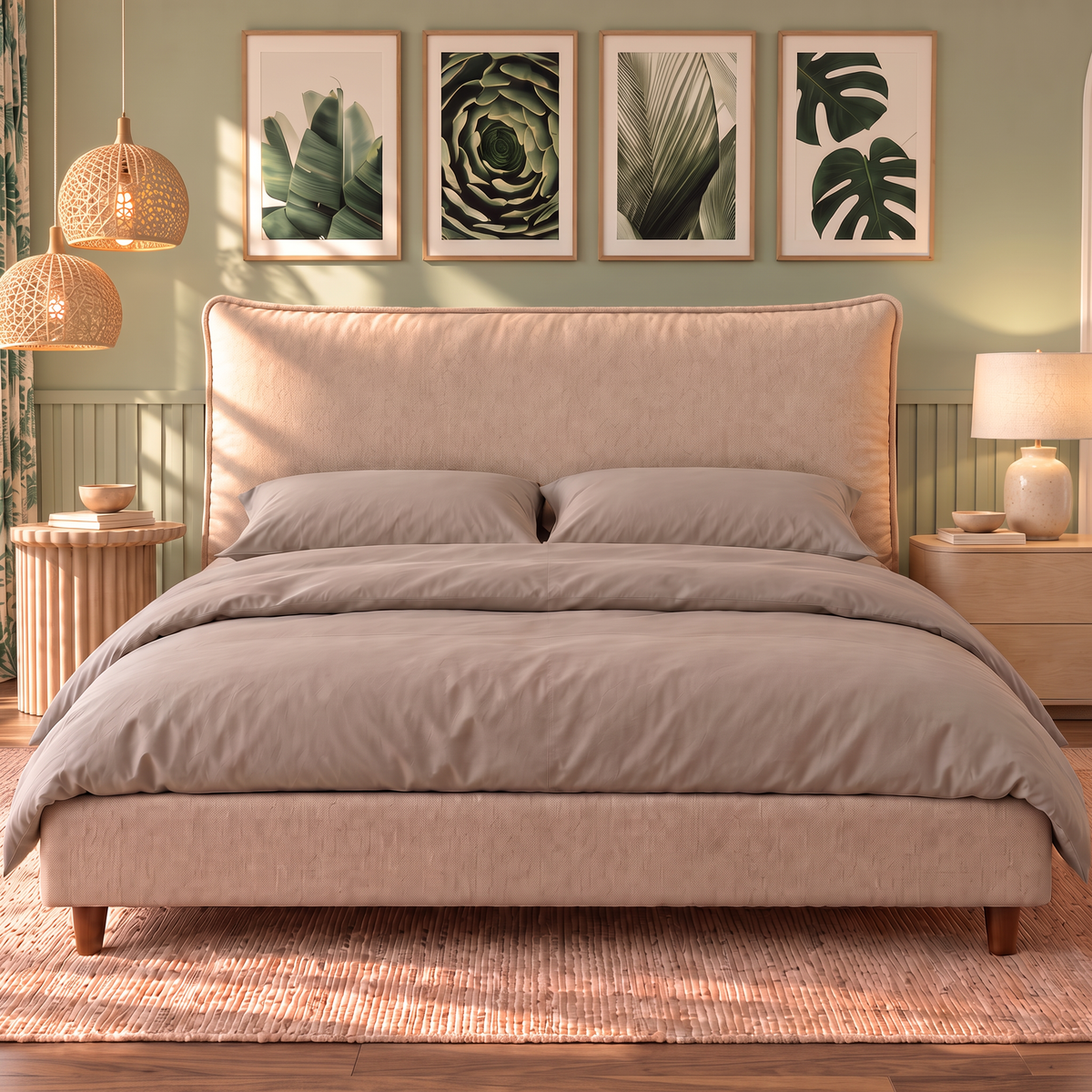 Letto contenitore Nefele in tessuto Queens Beige visto di fronte: testata a cuscino unico, base imbottita e piedini in legno noce #Colore_Beige