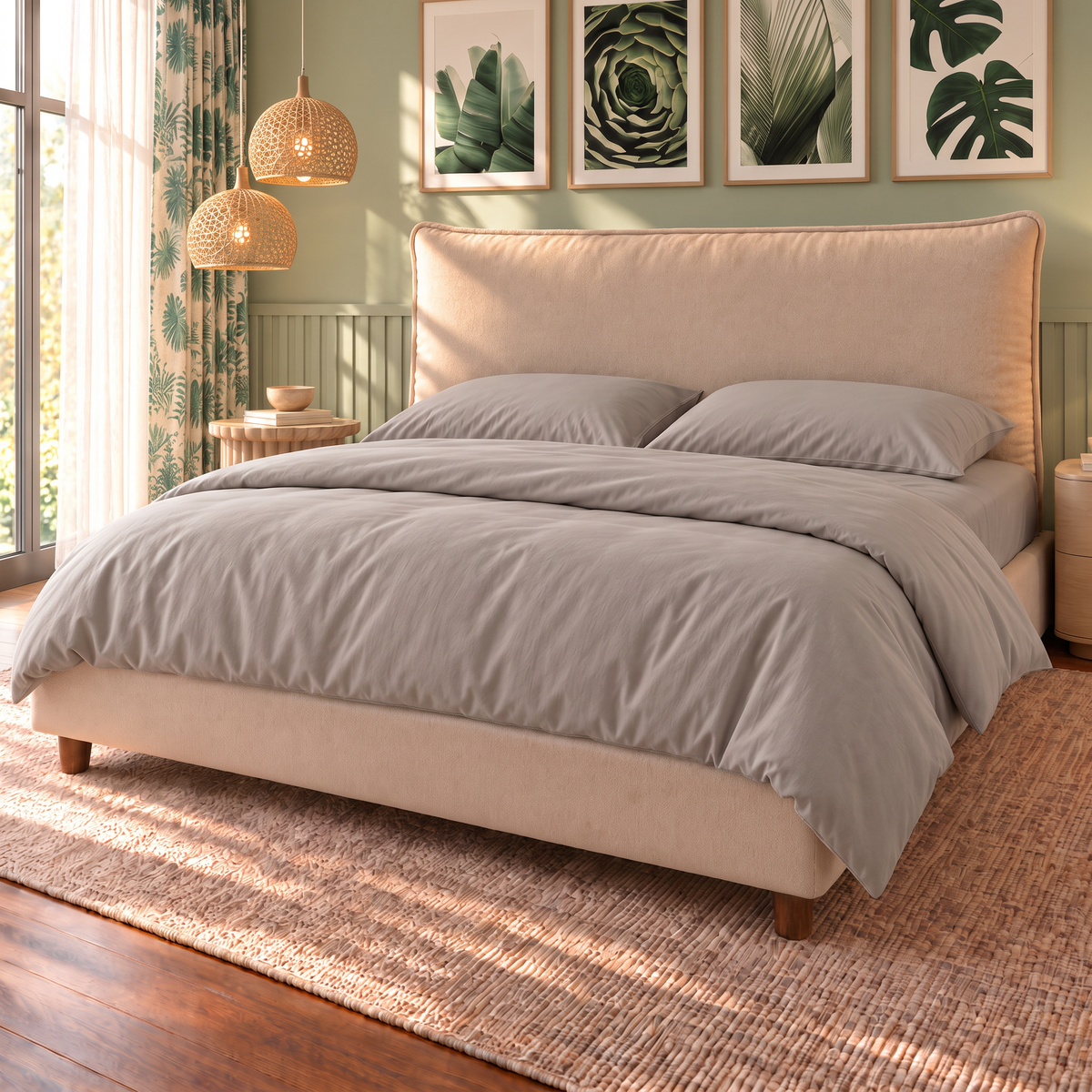 Letto contenitore Nefele in tessuto Queens Beige con testata a cuscino unico, vista di tre quarti con completo copripiumino Panna #Colore_Beige