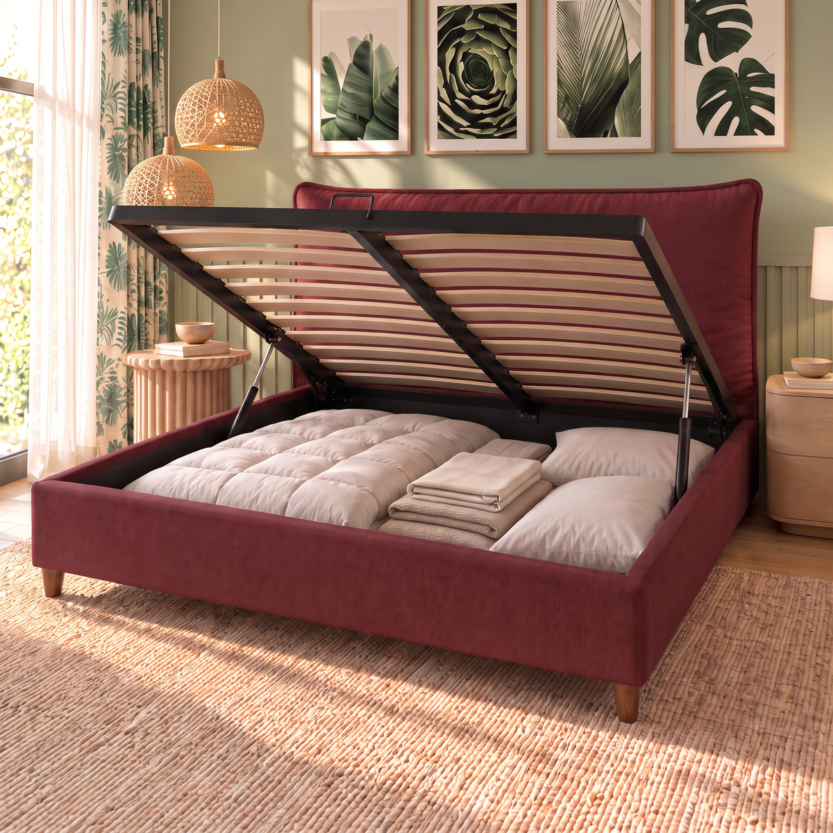 Letto contenitore Nefele Bordeaux aperto: rete a doghe sollevata dai pistoni e vano contenitore pieno