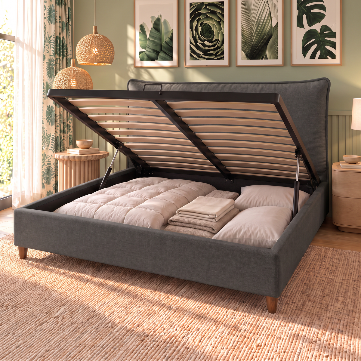 Letto contenitore Nefele Dark Grey aperto: rete a doghe sollevata dai pistoni e vano contenitore pieno