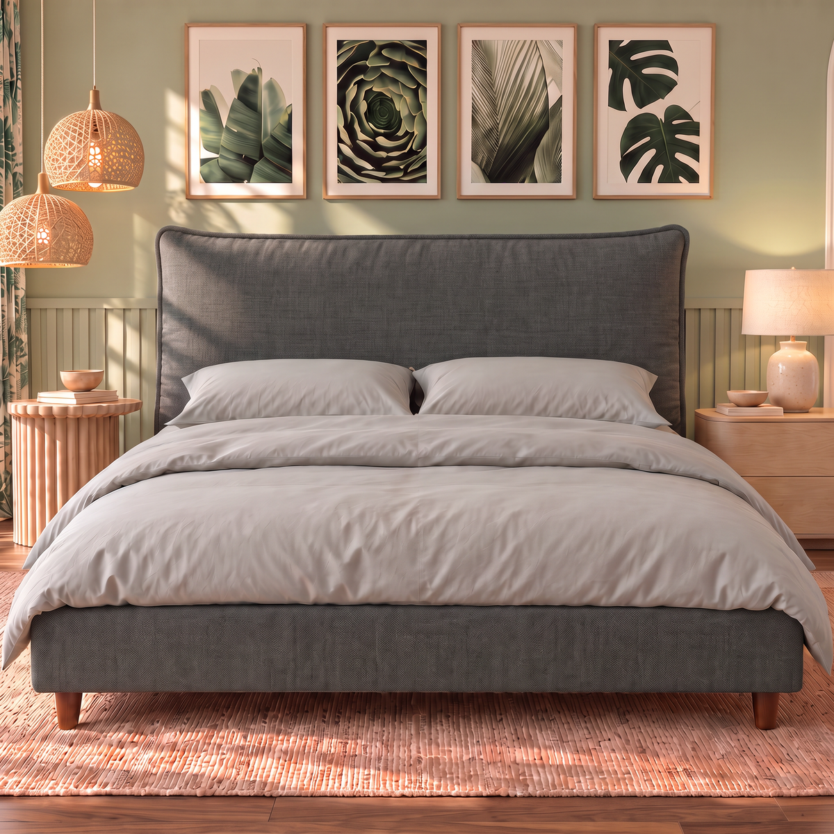 Letto contenitore Nefele in tessuto Queens Dark Grey visto di fronte: testata a cuscino unico, base imbottita e piedini in legno noce