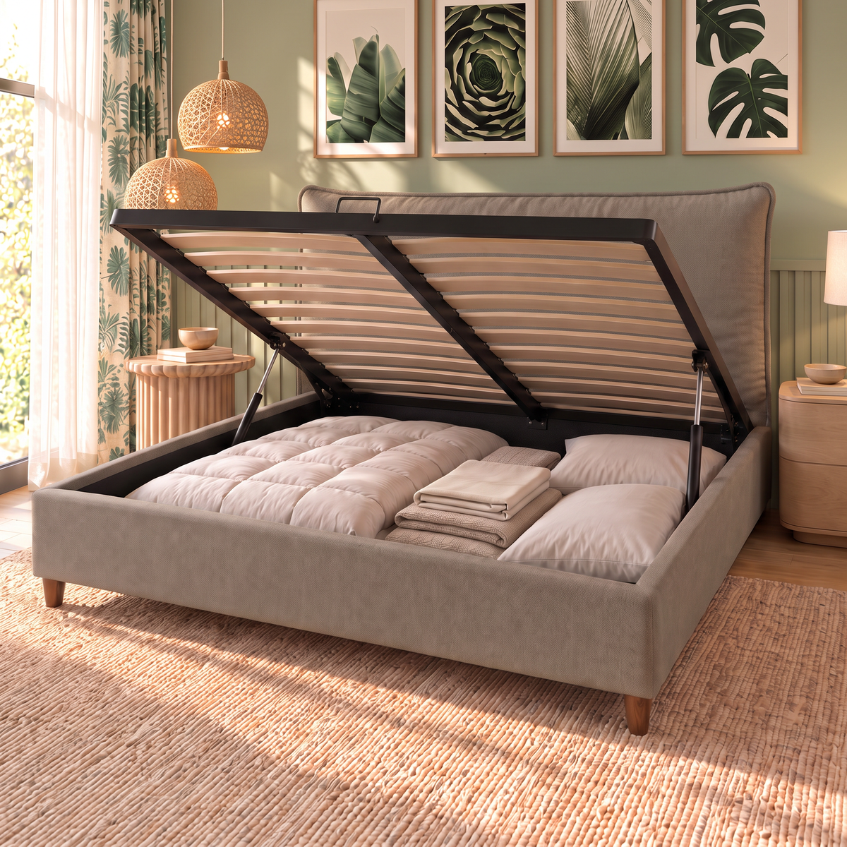 Letto contenitore Nefele Taupe aperto: rete a doghe sollevata dai pistoni e vano contenitore pieno