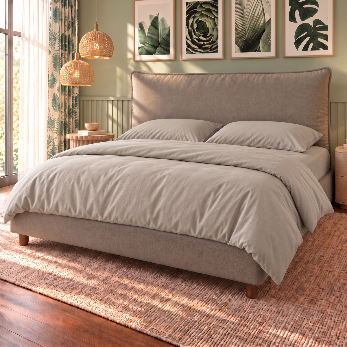Letto contenitore Nefele in tessuto Queens Taupe con testata a cuscino unico, vista di tre quarti con completo copripiumino Ostrica