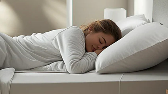 Donna dorme su un letto con lenzuola bianche.