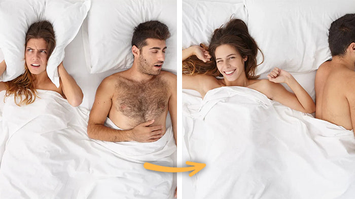 A sinistra coppia a letto, a destra donna sorridente.