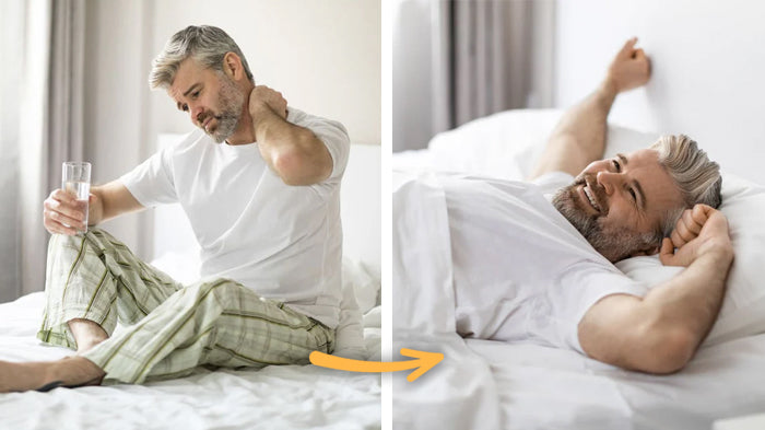 Uomo seduto e poi sdraiato a letto con sorriso.